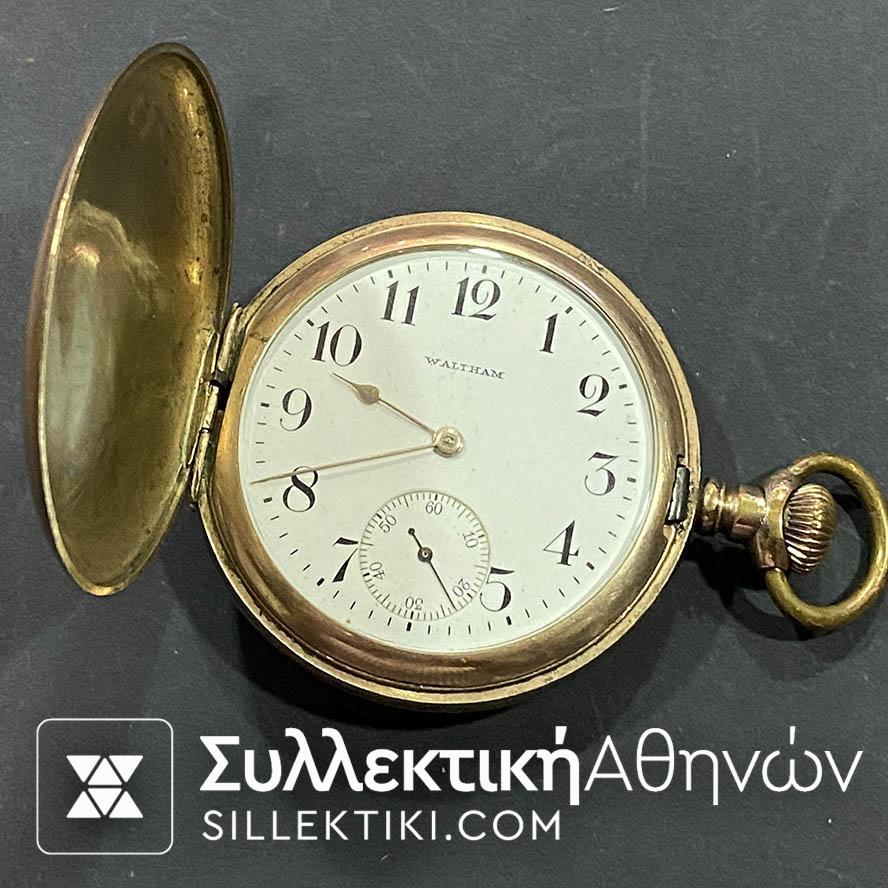 Επίχρυσο Ρολόι τσέπης Waltham 50 mm τρικάπακο σε λειτουργία